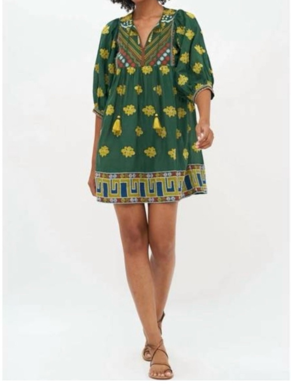 Oliphant Cuff Sleeve Embroidered Mini Dress – Green, Size Small
